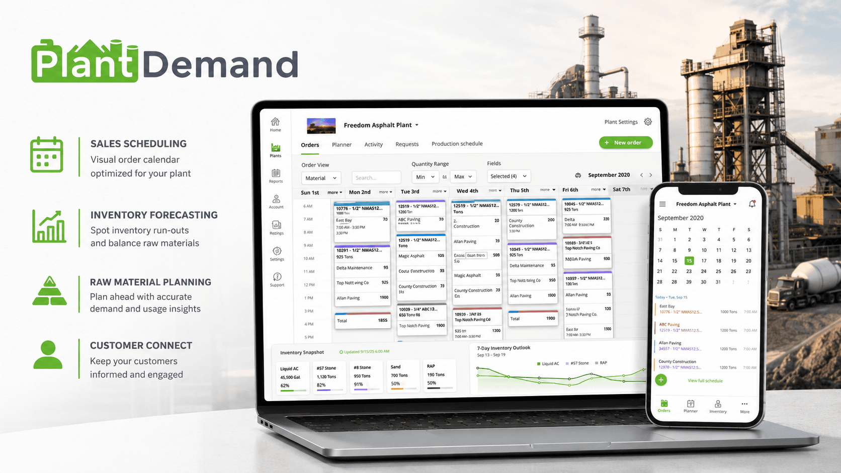 PlantDemand sales scheduling and raw material planning platform for asphalt operations